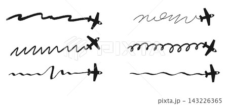 Set of aircraft icons with doodle journey routes Set of aircraft icons with doodle journey routes 143226365
