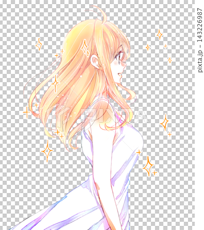 A woman in a white dress, viewed from the side, with her hair flowing in the wind, sparkling. A woman in a white dress, viewed from the side, with her hair flowing in the wind, sparkling. 143226987