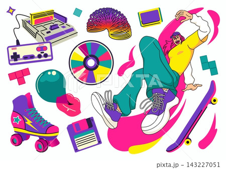 Retro pop culture collage. Bright dancing youth, skateboard, roller skate and classic gaming items, energetic 80s 90s vibe with playful street style elements. Vector cartoon isolated illustration 143227051