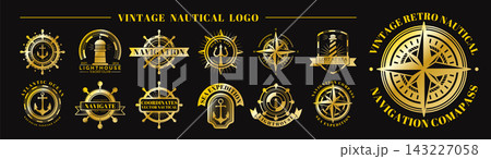 Sea logo. Ship emblem. Icon retro lighthouse. Design anchor. Steering wheel design. Vintage travel, water label, golden compass. Wind rose. Vector garish graphic flat style isolated illustration Sea logo. Ship emblem. Icon retro lighthouse. Design anchor. Steering wheel design. Vintage travel, water label, golden compass. Wind rose. Vector garish graphic flat style isolated illustration 143227058