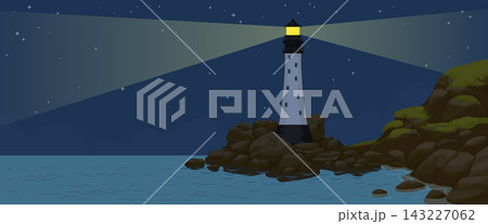 Lighthouse at night. Dark sky with moon, star scenery. Beacon glow on rocky shore. Ocean coast maritime. Moody marine landscape, scenic wave. Horizontal backdrop. Vector nocturnal calm background Lighthouse at night. Dark sky with moon, star scenery. Beacon glow on rocky shore. Ocean coast maritime. Moody marine landscape, scenic wave. Horizontal backdrop. Vector nocturnal calm background 143227062