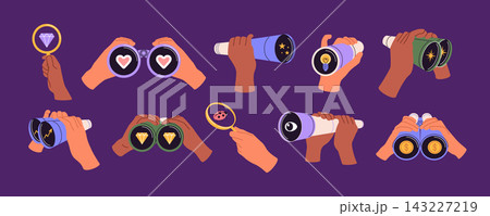 People hands with binoculars. Look through magnifier, glasses. Curiosity of search, discovery business and life. Telescope to observe. Job find icon. Vector cartoon flat style isolated illustration 143227219