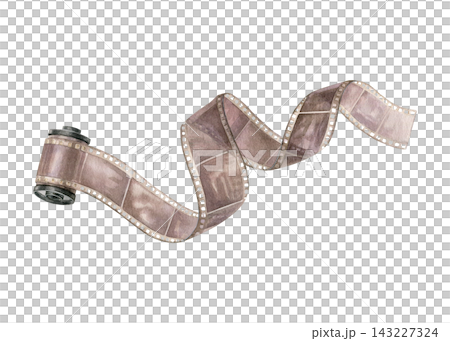 Vintage photographic film roll with curling strip, hand-painted watercolor illustration isolated on white. Suitable for photography, scrapbooking, stationery, photo albums and creative projects Vintage photographic film roll with curling strip, hand-painted watercolor illustration isolated on white. Suitable for photography, scrapbooking, stationery, photo albums and creative projects 143227324