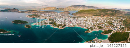 Aerial Panorama of Ksamil Coastal Town and Turquoise Bays in Albania Aerial Panorama of Ksamil Coastal Town and Turquoise Bays in Albania 143227523