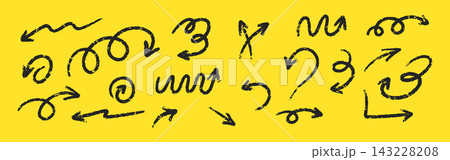 Crayon arrow set. Dynamic wax arrows in various directions on yellow background. Chalk vector illustration 143228208