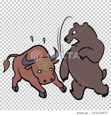Illustrations of a bear representing a bear market and a bull representing a bull market. Illustrations of a bear representing a bear market and a bull representing a bull market. 143229077