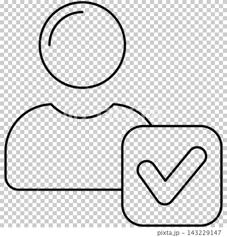 Line art style icon illustration of a user profile avatar with checkmark approved badge isolated on transparent background. Minimalist thin line design element for verified account. 143229147