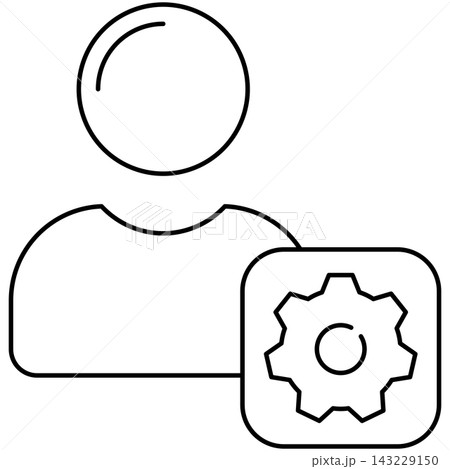 Line art style icon illustration of a user profile avatar with gear settings badge isolated on transparent background. Minimalist thin line design element for account management. 143229150
