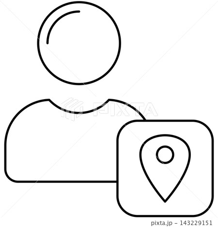 Line art style icon illustration of a user profile avatar with map location pin badge isolated on transparent background. Minimalist thin line design element for user location. 143229151