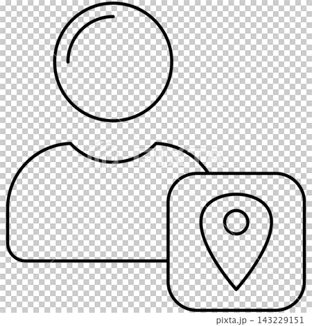 Line art style icon illustration of a user profile avatar with map location pin badge isolated on transparent background. Minimalist thin line design element for user location. 143229151