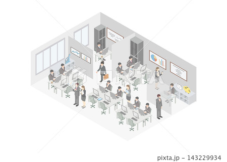 アイソメトリック　人物　イラスト　ビジネス　オフィス　仕事　職業　働く　ビジネスパーソン　風景　素材 143229934