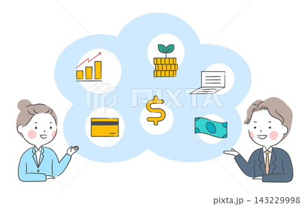 Business man and woman providing asset management and financial guidance with finance icons in a cloud Business man and woman providing asset management and financial guidance with finance icons in a cloud 143229998