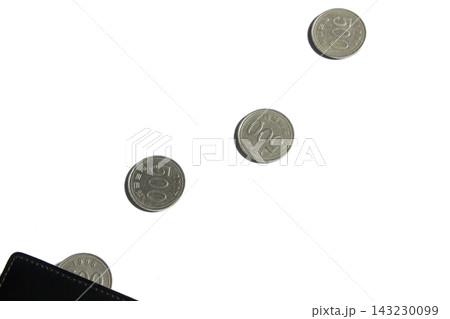 A wallet and coins placed on a white background A wallet and coins placed on a white background 143230099
