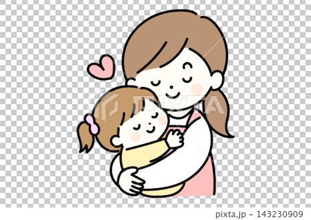 園児をやさしく抱っこして微笑む保育士のイラスト｜保育園・幼稚園の安心感ある保育シーン 143230909