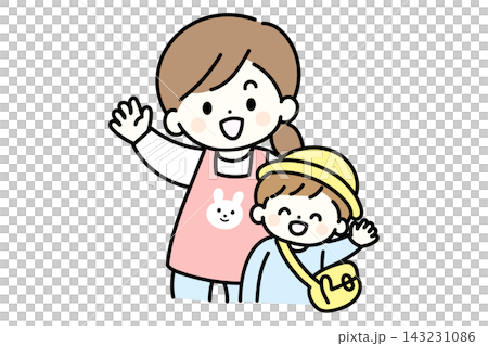 Illustration of children and teachers cheerfully greeting each other | A scene of children waving as they arrive at a nursery or kindergarten. Illustration of children and teachers cheerfully greeting each other | A scene of children waving as they arrive at a nursery or kindergarten. 143231086