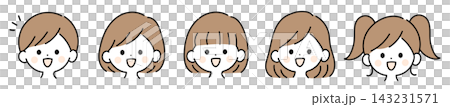 A set of illustrations featuring five different female hairstyles: short hair, bob, blunt bangs, loose and wavy medium length hair, and pigtails. A set of illustrations featuring five different female hairstyles: short hair, bob, blunt bangs, loose and wavy medium length hair, and pigtails. 143231571
