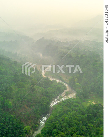 beauty morning light sunrise at paddy fields asia, Beautiful morning view in Indonesia, panoramic landscape of rice fields with mountain ranges and clear sky 143231649