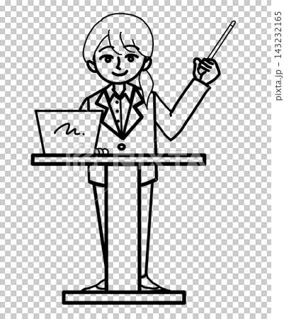 演台でパソコンと指示棒を使い説明するスーツの女性（線画素材） 143232165