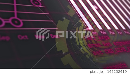 Showing HUD with radial rings, angled lit bars, month labels, blurred code on virtual display. Neon, cyberpunk, interface, futuristic, glow, lensflare, data Showing HUD with radial rings, angled lit bars, month labels, blurred code on virtual display. Neon, cyberpunk, interface, futuristic, glow, lensflare, data 143232419