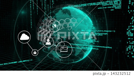 Projecting holographic globe with hexagonal mesh on dark grid, showing connectivity icons and code. Sphere, cyberspace, network, dataflow, security, encryption, cloud Projecting holographic globe with hexagonal mesh on dark grid, showing connectivity icons and code. Sphere, cyberspace, network, dataflow, security, encryption, cloud 143232512