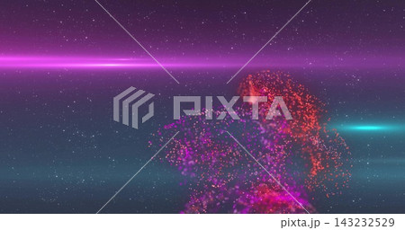 Drifting dense purple particle cloud right of space scene, showing cyan streak, magenta band, stars. Nebula, cosmos, celestial, starfield, abstract, luminous, radiant 143232529