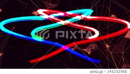 Glowing multicolored neon trails weaving across digital canvas, with golden wireframe and particles. Generative, ribbons, motion, grid, nodes, triangles, red Glowing multicolored neon trails weaving across digital canvas, with golden wireframe and particles. Generative, ribbons, motion, grid, nodes, triangles, red 143232568