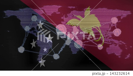 Displaying composite global map featuring glowing user-node network on dark dashboard, golden bird. Duotone, glitch, connectivity, nodes, circles, silhouette, stars 143232614