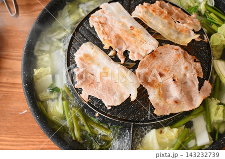 pork barbecue on frying pan, Thai style cuisine pork barbecue on frying pan, Thai style cuisine 143232739