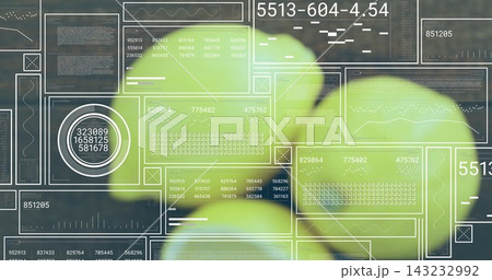 Showing blurred lime-green leaves floating in studio, displaying white HUD overlays and readouts Showing blurred lime-green leaves floating in studio, displaying white HUD overlays and readouts 143232992