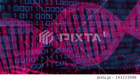 Sweeping neon-pink double-helix DNA strand gliding across lab data display, showing binary digits 143233096