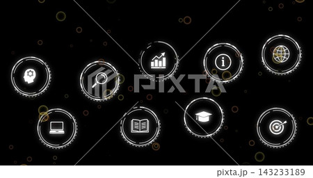 Showing centered nine glowing icons pulsing on black dashboard, with search, analytics, target 143233189