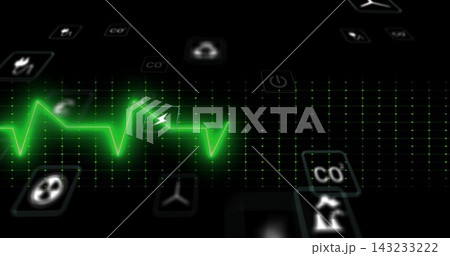 Displaying neon green ECG waveform pulsing on dashboard, showing lightning-bolt, CO2, factory icons Displaying neon green ECG waveform pulsing on dashboard, showing lightning-bolt, CO2, factory icons 143233222