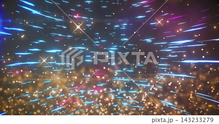 Gliding abstract field of cyan, blue, purple streaks moving in studio with golden orbs, star flares 143233279