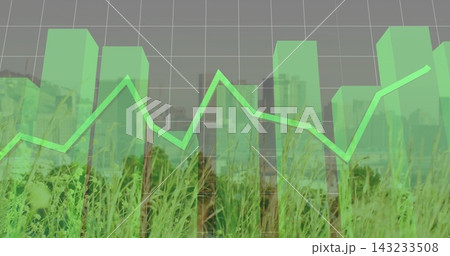 Displaying translucent green 3D bar chart with neon line over grassy foreground, grey grid skyline 143233508