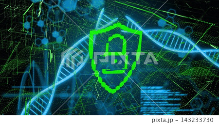 Displaying green shield with padlock glyph occupying center in cyber UI, with neon DNA and grid Displaying green shield with padlock glyph occupying center in cyber UI, with neon DNA and grid 143233730