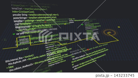 Floating stacked angled code panels traversing dark 3D grid plane, with yellow path and target node Floating stacked angled code panels traversing dark 3D grid plane, with yellow path and target node 143233745