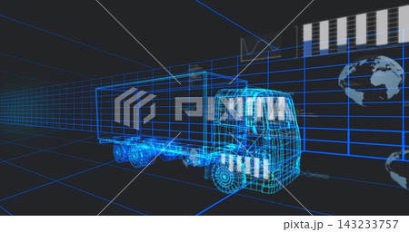 Displaying wireframe cargo truck and trailer moving through virtual 3D corridor, with HUD overlays 143233757