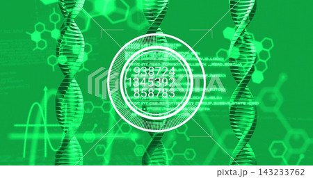 Displaying HUD or reticle with numeric readouts overlaying virtual lab interface, showing DNA helix 143233762