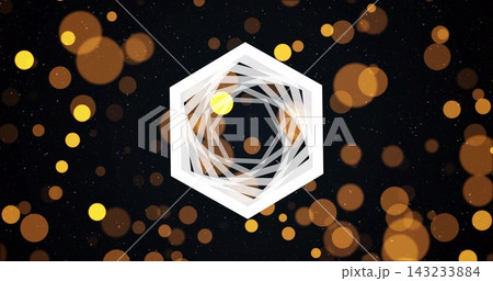 Spiraling white layered hexagon forming tunnel on starry canvas with golden bokeh and speckles Spiraling white layered hexagon forming tunnel on starry canvas with golden bokeh and speckles 143233884