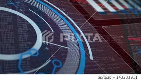 Displaying circular HUD gauge on angled monitor, showing rings and ticks, code panels, graphs Displaying circular HUD gauge on angled monitor, showing rings and ticks, code panels, graphs 143233911