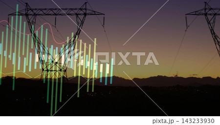 Showing centered steel pylon rising in corridor in twilight, with power lines, city lights, charts Showing centered steel pylon rising in corridor in twilight, with power lines, city lights, charts 143233930