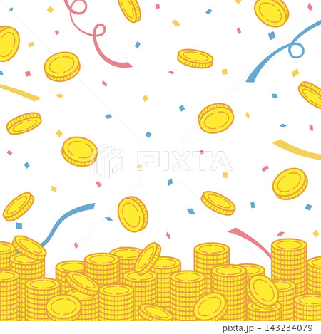舞い散る紙吹雪と山積み金貨の賑やかな正方形お祝いイラスト背景 舞い散る紙吹雪と山積み金貨の賑やかな正方形お祝いイラスト背景 143234079