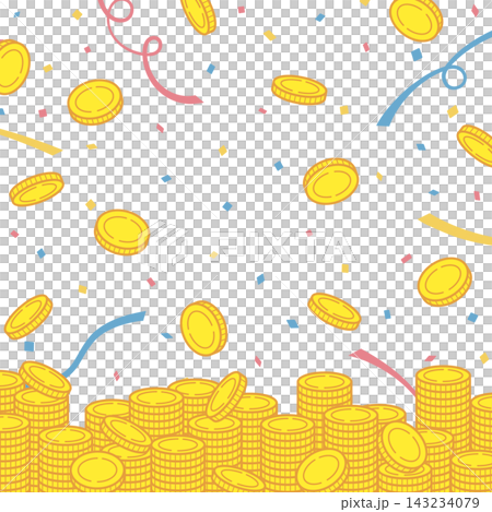 舞い散る紙吹雪と山積み金貨の賑やかな正方形お祝いイラスト背景 舞い散る紙吹雪と山積み金貨の賑やかな正方形お祝いイラスト背景 143234079