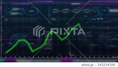 Displaying dashboard showing green jagged trend line rising on monitor, with 80% ring and waveform Displaying dashboard showing green jagged trend line rising on monitor, with 80% ring and waveform 143234100