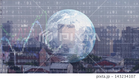 Displaying faint Earth globe blending with towers over roofs, showing binary code, grid, charts Displaying faint Earth globe blending with towers over roofs, showing binary code, grid, charts 143234107