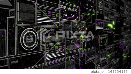 Displaying dense grid of data panels and widgets receding on 3D data wall, with neon particles Displaying dense grid of data panels and widgets receding on 3D data wall, with neon particles 143234155