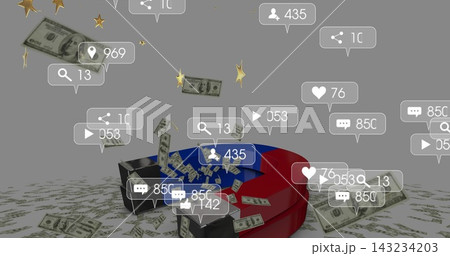 Pulling large horseshoe magnet drawing US bills upward in grey studio, with social notifications Pulling large horseshoe magnet drawing US bills upward in grey studio, with social notifications 143234203