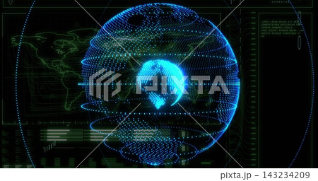 Displaying holographic globe with inner core and orbital rings on dashboard, showing HUD readouts Displaying holographic globe with inner core and orbital rings on dashboard, showing HUD readouts 143234209