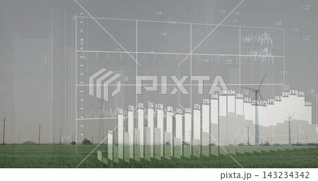 Displaying 3D bar chart overlaying green crop field with wind turbines, power lines, numeric labels Displaying 3D bar chart overlaying green crop field with wind turbines, power lines, numeric labels 143234342