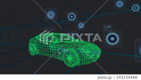 Displaying neon green wireframe sedan 3D model rotating in virtual design studio, with HUD panels Displaying neon green wireframe sedan 3D model rotating in virtual design studio, with HUD panels 143234366